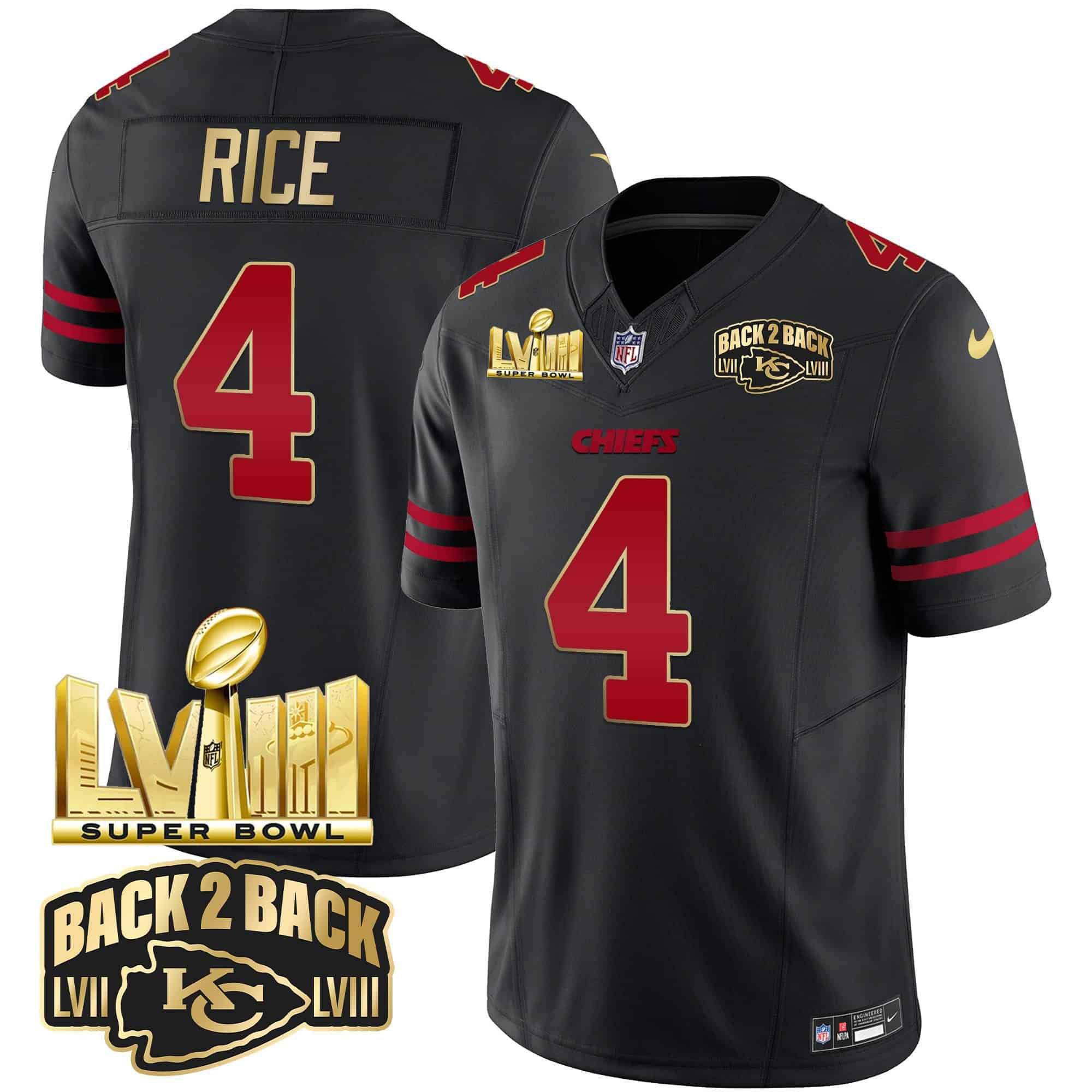 Men Kansas City Chiefs #4 Rice Black 2024 Nike Super Bowl LVIII & Back-2-Back Gold Patch Vapor NFL Jersey style 1->indianapolis colts->NFL Jersey